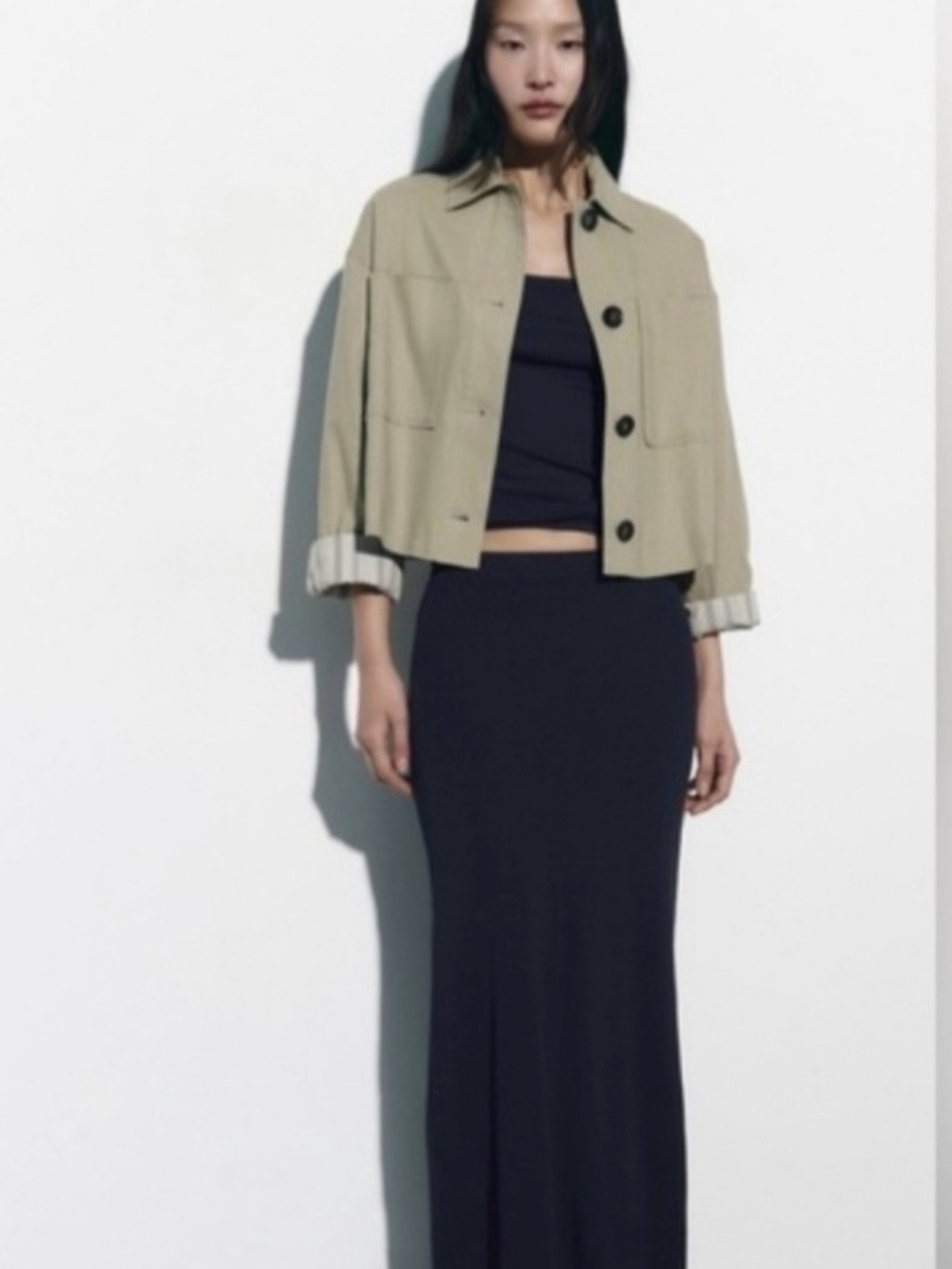 ZARA Oversized Sage Green Linen Blend Cropped Utility Jacket Sz S Light Olive - Picture 2 of 5